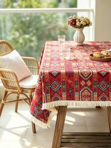 MineLain 1 pieza Mantel bohemio geométrico, estilo vintage, rojo, mantel rectangular, decoración con borde de encaje beige, mesa de café, gabinete, mesa cuadrada pequeña, decoración de mesa redonda, decoración del hogar, adecuado para reuniones, cenas, fiestas, días festivos, exterior, jardín, picnic, decoración de camping, todas las estaciones - Rojo - Ver 6