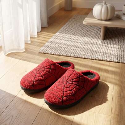 Halloween Red Plush Spider Web Half Slippers, Unisex Autumn/Winter Home Slippers With Fleece Lining, Teddy Fleece, Personalized Spider Web Embroidery, Curly Plush, Soft Sole, Quiet, Non-Slip, Holiday Atmosphere, Indoor/Outdoor Dual Use, Warm And Comfortable Slouchy Home Slippers