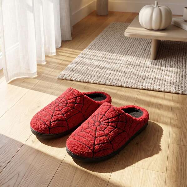 Halloween Red Plush Spider Web Half Slippers, Unisex Autumn/Winter Home Slippers With Fleece Lining, Teddy Fleece, Personalized Spider Web Embroidery, Curly Plush, Soft Sole, Quiet, Non-Slip, Holiday Atmosphere, Indoor/Outdoor Dual Use, Warm And Comfortable Slouchy Home Slippers