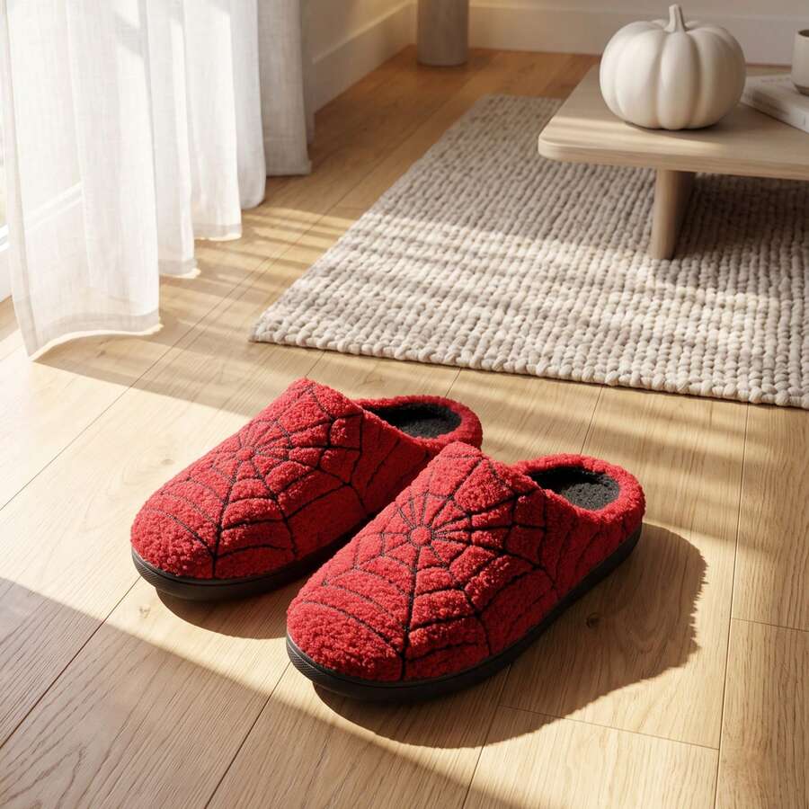 Halloween Red Plush Spider Web Half Slippers, Unisex Autumn/Winter Home Slippers With Fleece Lining, Teddy Fleece, Personalized Spider Web Embroidery, Curly Plush, Soft Sole, Quiet, Non-Slip, Holiday Atmosphere, Indoor/Outdoor Dual Use, Warm And Comfortable Slouchy Home Slippers - Red - View 1