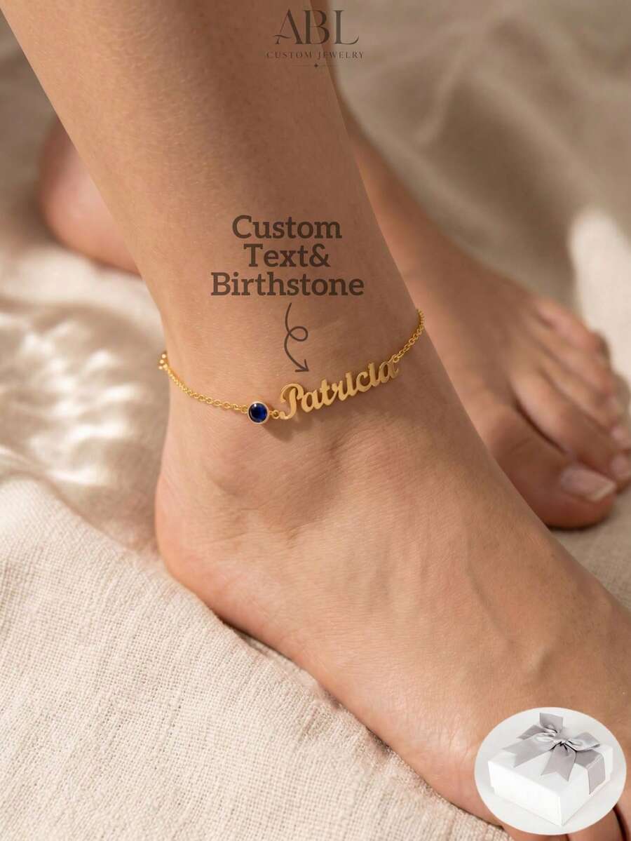 Gelang Kaki Wanita Perak Berlapis Emas 18K dengan Nama & Batu Kelahiran yang Dipersonalisasi, Gelang Kaki Berlapis Gaya Minimalis, Hadiah Liburan Musim Panas untuk Wanita - MultiWarna - View 1