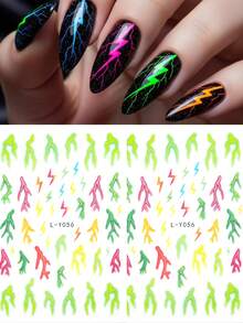 Pegatinas de uñas con diseño de llama, calcomanías de arte de uñas con corazón de rayo colorido y flor, suministros de arte de uñas con degradado de punta negra - Multicolor - Ver 3