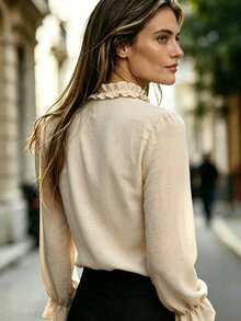 Women's V-Neck Solid Color Ruffle Blouse, French Elegant Long Sleeve Pullover Top, Autumn/Winter Daily Commute Outfit - Apricot - View 3