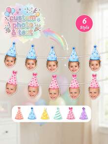 Custom Baby Photo Age Birthday Banner, Party Hat Garland, 1st Birthday Decoration, Milestone Growth, Baby Shower Party Decoration, Nursery Decor, Baby Girl Boy Keepsake - Multicolor - View 1