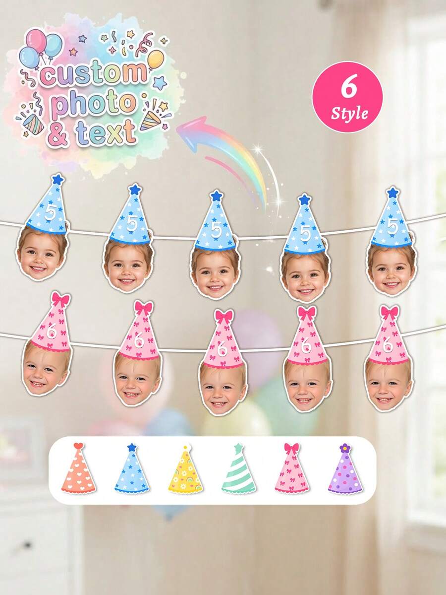 Custom Baby Photo Age Birthday Banner, Party Hat Garland, 1st Birthday Decoration, Milestone Growth, Baby Shower Party Decoration, Nursery Decor, Baby Girl Boy Keepsake - Multicolor - View 1