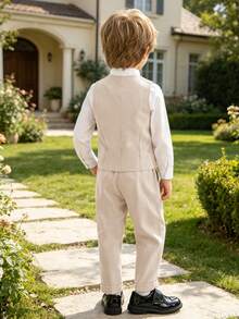 Young Boy Solid Color Single-Breasted Vest And Pants Bow Tie Suit Set - Khaki - View 3