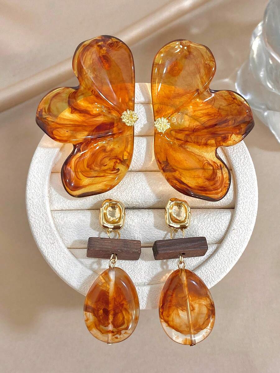 Luxuy Retro Amber Large Asymmetric Petal Drop & Wooden Dangle Earrings, Gold Jewelry Gift, For Daily Party Birthday Valentine's Day, Boho/Y2K - Multicolor - View 1