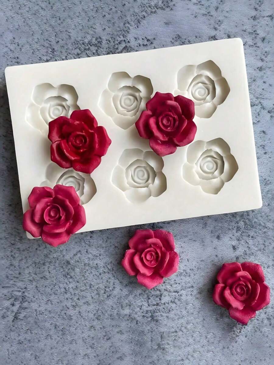 6-Hole 3D Rose Silicone Mold, Multi Use Flower Mold For Scented Candle Handmade Soap Chocolate Candy Fondant DIY Cake Baking Kitchen Tools