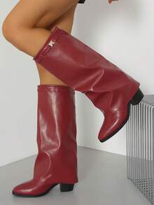 Western Style Holiday New Solid Color Buckle Mid-Heel Pointed Toe Slip-On Women's Boots Suitable For Party Home Date Commute Fashion Casual Women's Boots - Burgundy - View 2