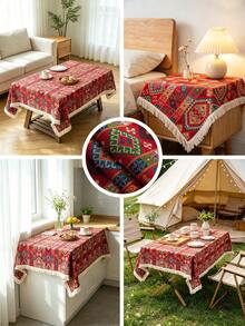 MineLain 1 pieza Mantel bohemio geométrico, estilo vintage, rojo, mantel rectangular, decoración con borde de encaje beige, mesa de café, gabinete, mesa cuadrada pequeña, decoración de mesa redonda, decoración del hogar, adecuado para reuniones, cenas, fiestas, días festivos, exterior, jardín, picnic, decoración de camping, todas las estaciones - Rojo - Ver 2