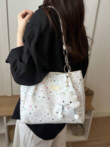 1pc Cloud Pendant Decor Colorful Star Pattern Polyester Fiber Large Capacity Zipper Fashion Shoulder Bag Suitable For Women's Daily Use - Multicolor - View 5
