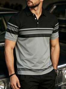 Camisa polo de manga corta con estampado de rayas y parches retro para hombres - Multicolor - Ver 1