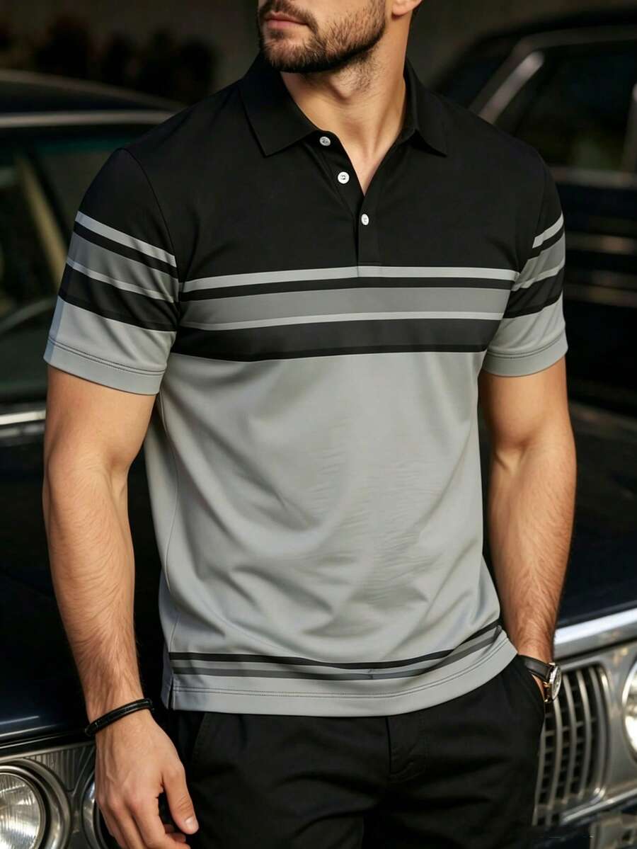Camisa polo de manga corta con estampado de rayas y parches retro para hombres - Multicolor - Ver 1