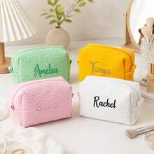 Custom Name Embroidered Cosmetic Bag, Solid Color Toiletry Wash Pouch, Stylish Makeup Storage Organizer, Multifunctional Travel Bag, Gift For Girl - Multicolor - View 1