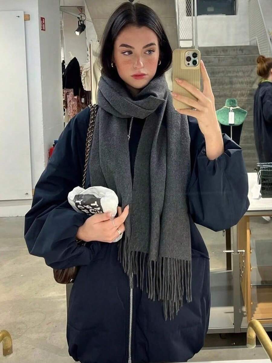 1pc Women's Small Size 30*180cm Solid Color Faux Cashmere Warm Versatile Tassel Long Scarf, Minimalist Fashion Elegant Winter Cold-Proof Warm Soft Scarf Shawl, Suitable For Daily Outings, Cold Weather, Gatherings, Dates, Christmas Gift Use - Multicolor - View 1
