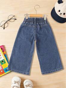 Mickey Mouse M Ickey Mouse Princess Girls Straight-Leg Jeans, Washed Blue Denim, High Waist Elastic Waist, Cute Cartoon Denim Pants - 深藍色 - 查看 2