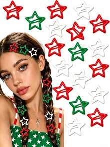 100pcs/60pcs Solid Color Star-Shaped Hair Clips, Women's Red White Green Hollow Star Hair Clips, Y2K Shiny Non-Slip Strong Grip Hair Accessories That Won't Damage Hair - Multicolor - Red, White and Green - View 1