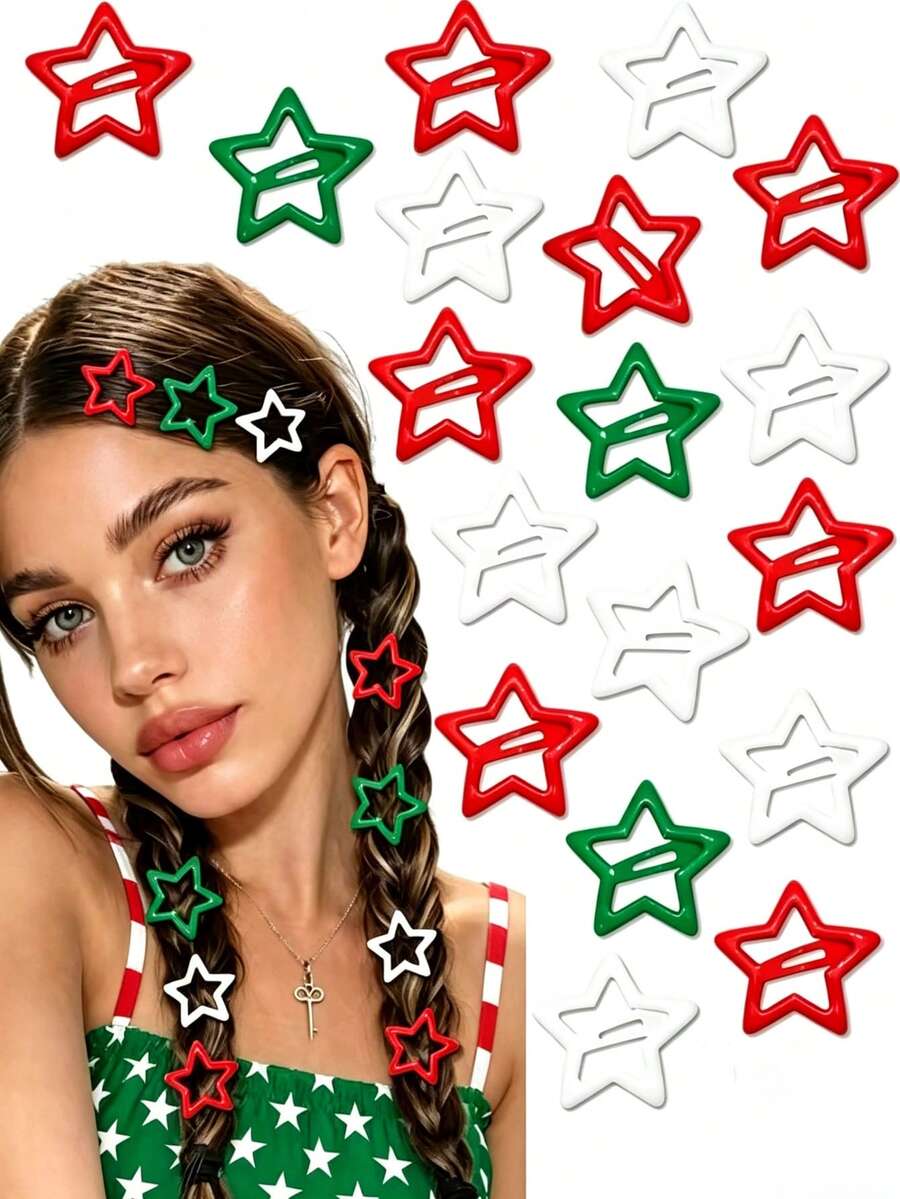 100pcs/60pcs Solid Color Star-Shaped Hair Clips, Women's Red White Green Hollow Star Hair Clips, Y2K Shiny Non-Slip Strong Grip Hair Accessories That Won't Damage Hair - Multicolor - Red, White and Green - View 1