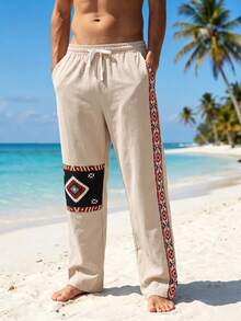 1pc Khaki Men's Straight Leg Casual Pants, Men's Beach Pants, Men's Trousers With Elastic Drawstring, Single Side Print, Men's Vacation Casual Pants, Vacation Style, Machine Washable, Beach, Island, Comfortable Travel Outfit - Khaki - View 6