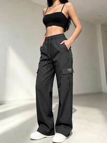 Women's Cargo Long Pants Spring Autumn Large Pockets Casual Sports Pants, Drawstring Waist, Multi-Pocket Design, Suitable For Outdoor Sports And Street Wear - Black - View 4