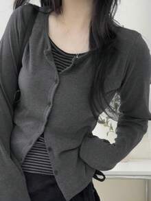 女士多功能修身撞色二合一条纹拼接圆领修身长袖开衫，秋季款 - 深灰色 - 查看 3