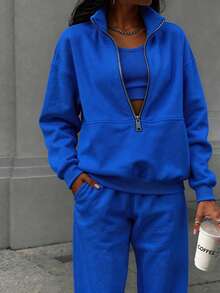 Women's Half-Zip Tracksuit, Featuring A High-Neck Loose-Fitting Sweatshirt And Wide-Leg Pants, A Stylish, Versatile,Daily Commuting And Fitness Wear - Blue - View 7