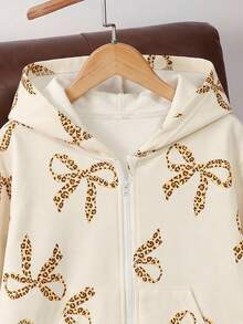 Baby Girl Autumn Thin Bow All-Over Print Ribbed Long Sleeve Apricot Hooded Jacket Children's Zipper Pocket Casual Fashion Cardigan Spring Top - Apricot - View 4