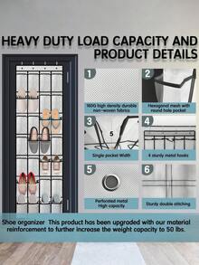 LMMAKE Hanging Shoe Rack With 28 Pockets & 4 Metal Hooks, Hangs Behind Door/Closet For Shoes & Sundries, Ideal For Small Apartments & Rentals. - 黑色 - 查看 4