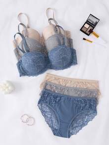 3 Sets Women's Lace Lingerie, Including Elegant Underwire Push-Up Bra And Breathable Triangle Panties - Multicolor - View 3