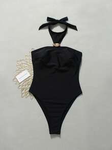 Baju Renang Wanita Terusan Model Halter Neck Hitam Mengkilap dengan Hiasan Pita dan Rhinestone Emas, Pakaian Pantai Musim Semi/Panas 2026, Gaya Liburan di Tepi Pantai dan Kolam Renang - Hitam - View 2