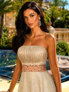 UNITHORSE Halter Flounce Backless Sequin Patchwork Faux Silk Dress - Champagne - View 4