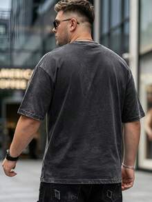 Plus Size Men's 2-Piece Set: Vintage Washed Black Bench Letter Print Plus Size T-Shirt - Black - View 6