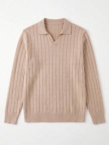 GRDR 1pc Men's Airplane Collar Ribbed Knit Sweater, Long Sleeve Turn-Down Collar Knit Top, Autumn/Winter - Apricot - View 5