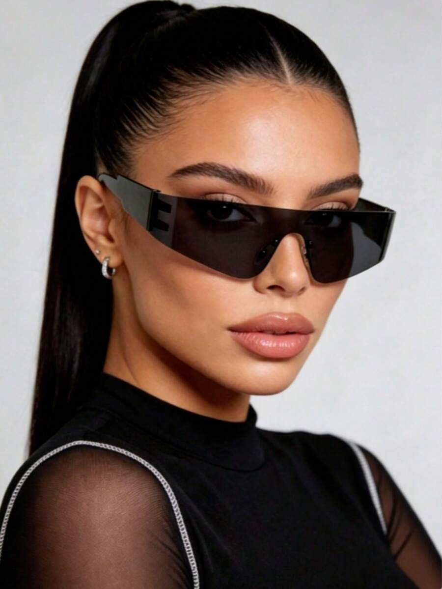 1pc Frameless Women's One-Piece Punk Sports Fashion Glasses For Outdoor - Black - View 1