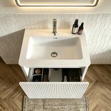 Washbasin With Vanity Unit For Small Bathrooms, Mineral Cast Basin, Grooved Design, 60cm Wall-Mounted Bathroom Unit, Natural Oak Color, Pre-Assembled - 白色 - 查看 3