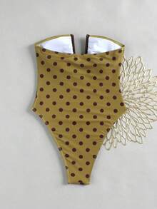 Fashionable Women's Coffee Color Polka Dot Strapless Deep V Hollow Out Bikini Fresh Sexy Beach Vacation One-Piece Swimsuit Set - Multicolor - View 3