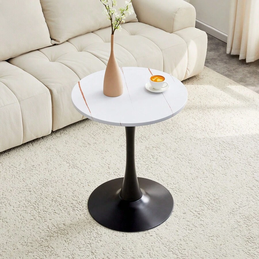 60 Cm Round Side Table / European Style Small Dining Table / MDF Dining Table / Non-Slip And Quiet Table Legs / Suitable For Living Room And Dining Room - 白色+黑色 - 查看 1