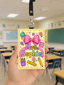 1pc Custom Teacher Name Big Pink Bow Luggage Tag,Striped Badge Holder Lanyard,ID Card Sleeve,Teacher Appreciation Gift,Back To School,First Of School - Multicolor - View 9
