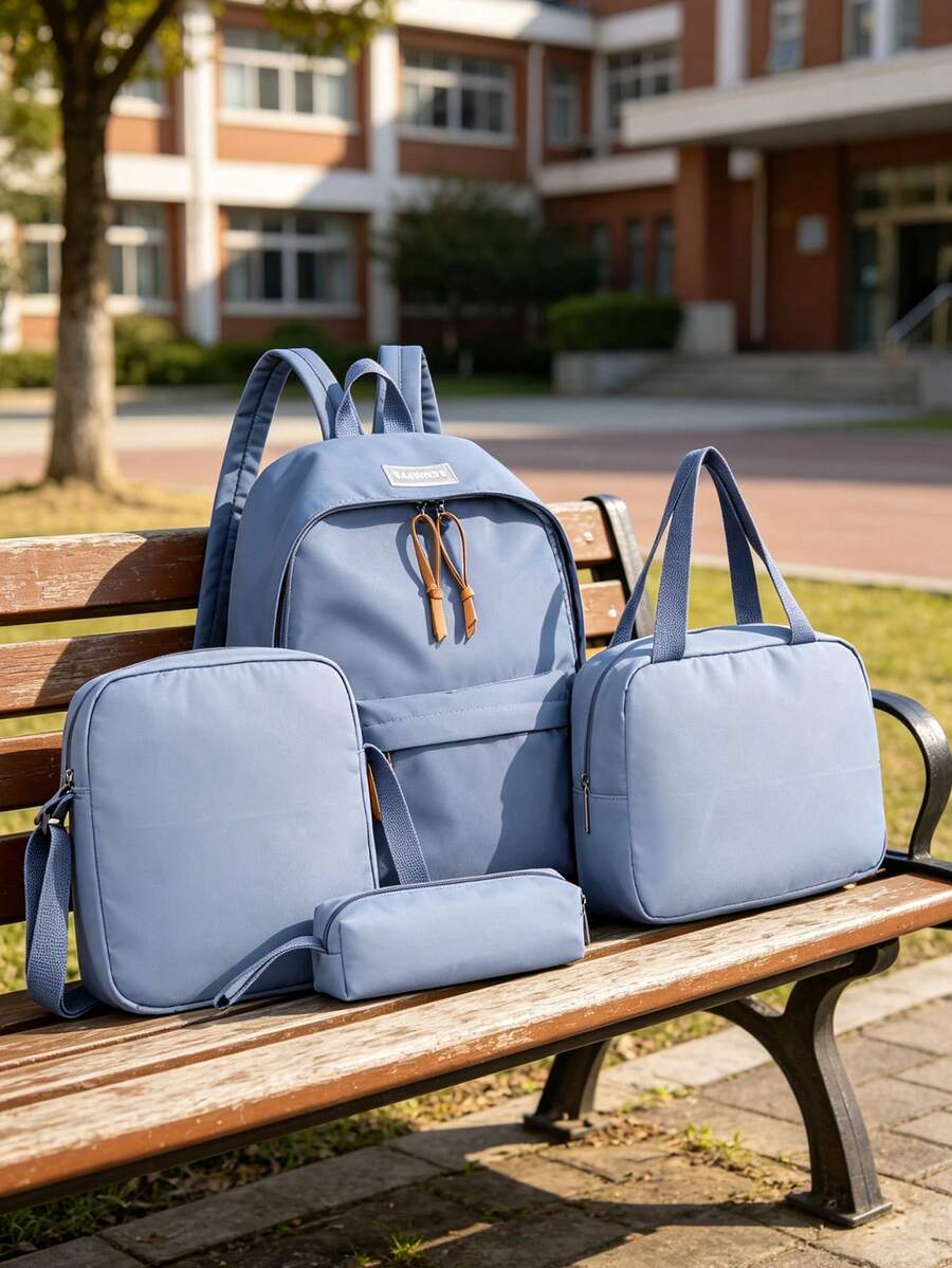 4-Piece Set - Back To School Minimalist Casual Backpack Set Backpack + Tote Bag + Crossbody Bag + Pencil Case Large Capacity With Laptop Compartment Campus Backpack Solid Color Nylon Student Backpack Adjustable Shoulder Strap Multi-Pocket Lightweight Portable Backpack Zipper Bag Set Suitable For Graduates/Students/Teenage Girls Perfect For Outdoor Travel/Middle School/High School/College Use - 2051 - View 1