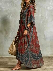 Autumn And Winter New Product Retro Bohemian Print V-Neck Loose Full-Length Dress Elegant - Red - View 3