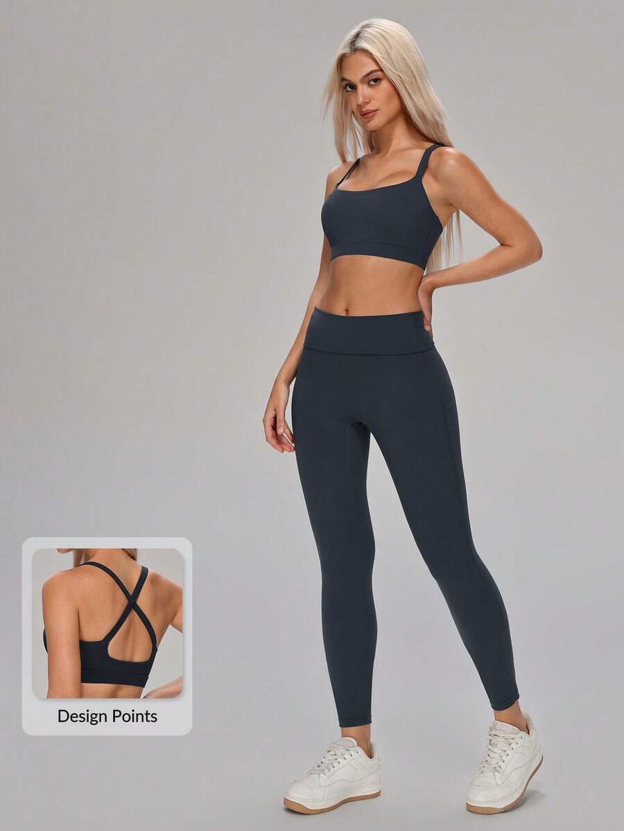 MASKERT Women's Vest And Pants Two Pieces Set Sports Shaping Yoga Pilates Set Gym Running Outdoor Hiking And Mountaineering Set - Iron Gray - View 1