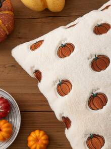 Homemorelove 1/2pcs PV Velvet Small Pumpkin Embroidered Pillow Case, Autumn Decor, Thanksgiving, Halloween Atmosphere Home Decoration Throw Pillow, Suitable For Living Room, Bedroom, Sofa, Pillow Insert Not Included - Off-white Rabbit Fur Dark Brown - View 1