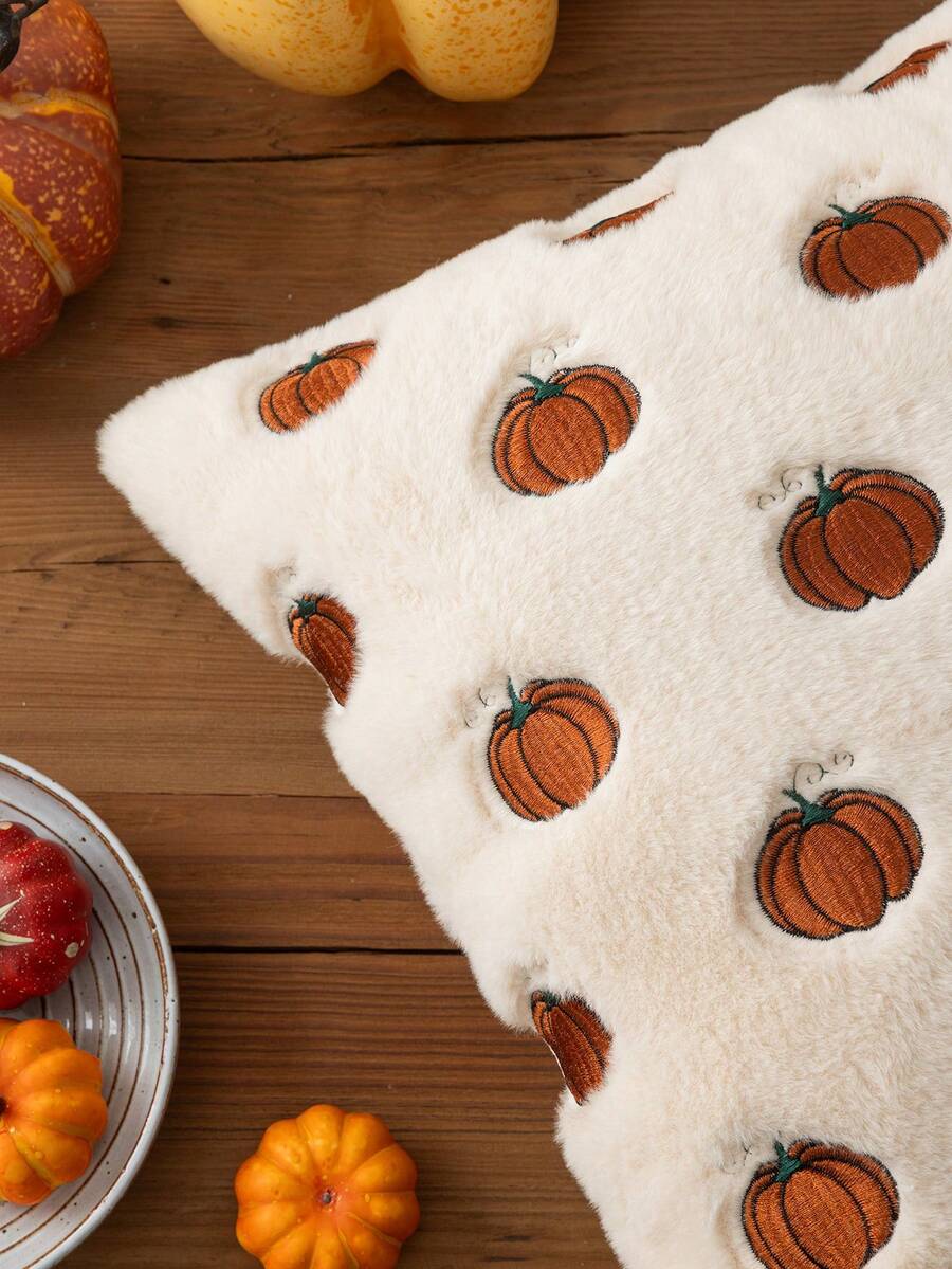 Homemorelove 1/2pcs PV Velvet Small Pumpkin Embroidered Pillow Case, Autumn Decor, Thanksgiving, Halloween Atmosphere Home Decoration Throw Pillow, Suitable For Living Room, Bedroom, Sofa, Pillow Insert Not Included - Off-white Rabbit Fur Dark Brown - View 1