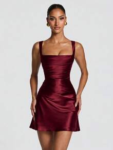 Women's Elegant Sexy Satin Fitted Mini Dress, Elegant Sleeveless Square Neck, Ruched Bust Design, Sexy Party Ball Outfit Wedding Fall - Burgundy - View 5