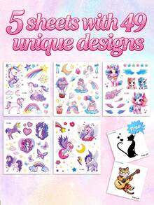 STARTTOOS 5 Sheets Glitter Unicorn 49 Patterns Temporary Tattoo Stickers, Cute Cartoon Waterproof Glitter Rainbow Color Unicorn Balloon Star Design Pattern Birthday Party Christmas Gift Event Holiday Party Set - Multicolor - View 3