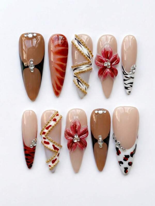 10pcs Y2K Handmade Long Stiletto Press-On Nails, 3D Red Floral & Zebra Print French Tips With Gold Chain, Removable & Reusable Nail Art Set (Includes Jelly Glue And Nail File)