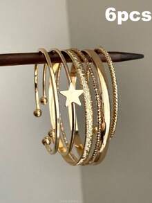 Juego de 6 pulseras/brazaletes dorados, brazaletes apilables con textura mixta en forma de estrella - Dorado - Ver 1
