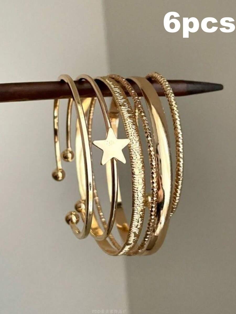 Juego de 6 pulseras/brazaletes dorados, brazaletes apilables con textura mixta en forma de estrella - Dorado - Ver 1