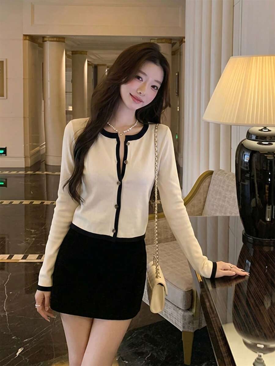 秋冬韓系甜美休閒風對比飾邊針織開襟衫女款,Ins風秋季 - 杏色 - 查看 1