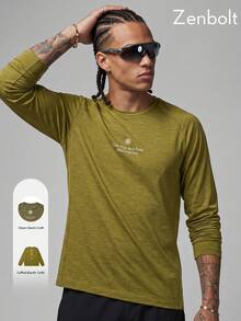 Zenbolt Men's Crew Neck Long Sleeve Top, Raglan Sleeve Cut, Chest Slogan Letter Print,Heather Soft Fabric, Slim Fit For Daily Casual Matching - Olive Green - View 1